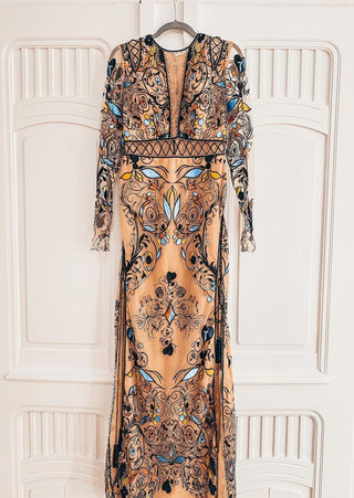 Boho Embellished Nude Effect Gown with Sleeves - Miss Mirelle