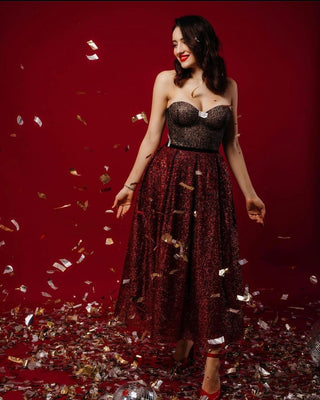 Cherry Noir Corset Midi Dress for Cocktail Party - Miss Mirelle