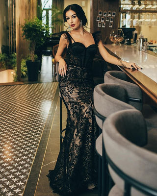 Modern Black Couture Gown With Ruffled Shoulders - Miss Mirelle