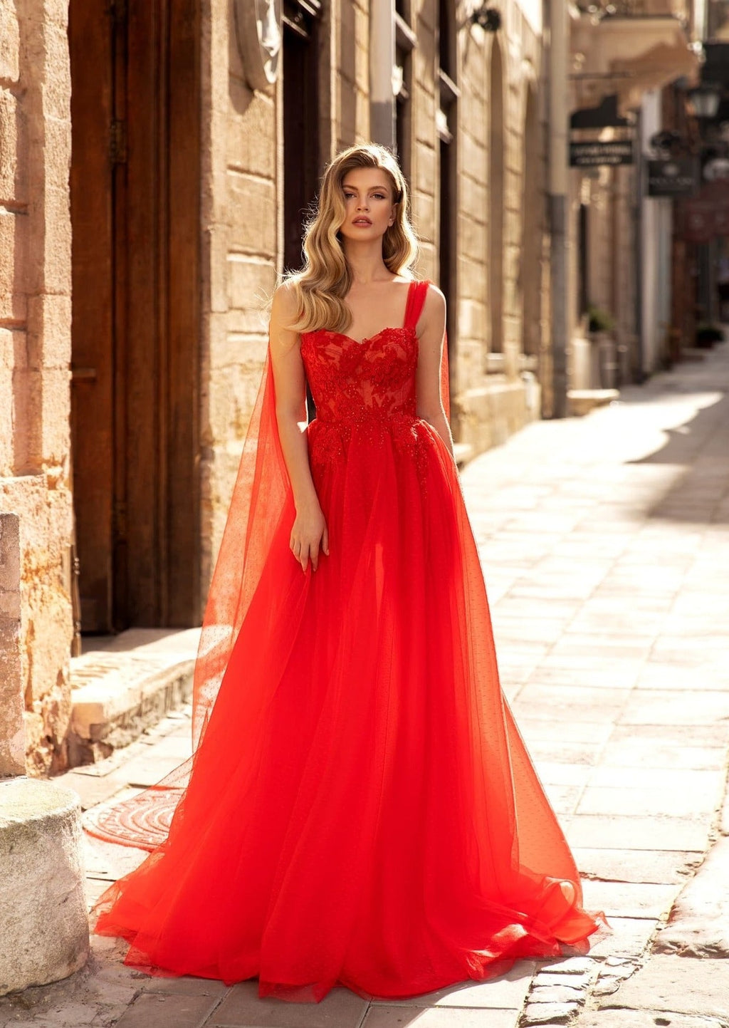 red dress with a cape Classy Long Evening Dress in Red with Cape Red / 2