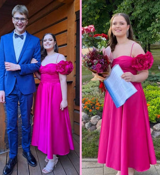 Romantic Off-Shoulder Satin Midi Prom Dress - Miss Mirelle