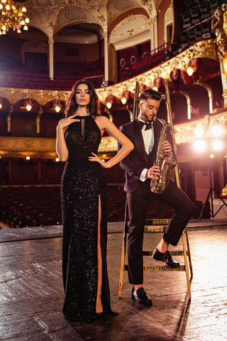 Halter Neck Long Sequin Dress with a Slit - Miss Mirelle