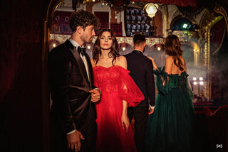 Red Tulle Evening Gown with Sleeves