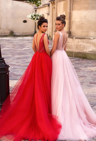 Classic A-line Evening Dress with Embellished Back - Miss Mirelle