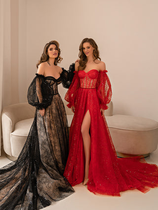 Off-Shoulder Sequin Gown with Train - Miss Mirelle