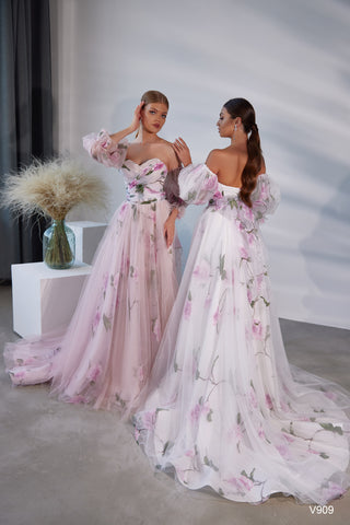 Rose Printed Bohemian Gown with Court Train - Miss Mirelle