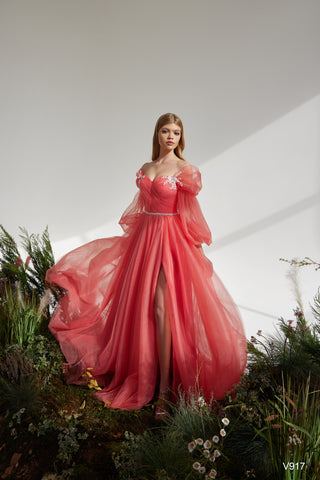 Coral Gown with Detachable Sleeves - Miss Mirelle