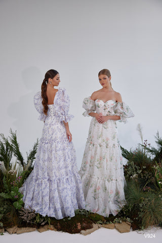 Sweetheart Floral Bridal Gown with Puff Sleeves - Miss Mirelle