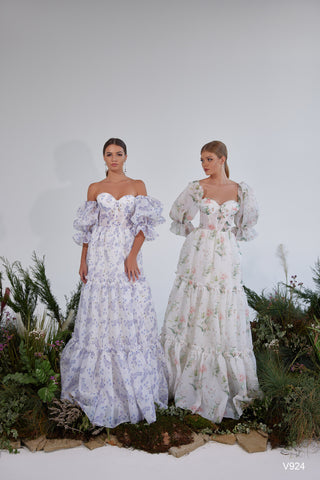 Sweetheart Floral Bridal Gown with Puff Sleeves - Miss Mirelle