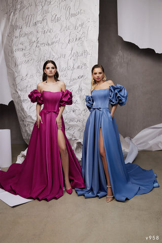 Satin Formal Gown with Ruffled Sleeves