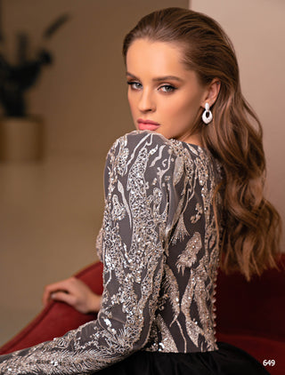 Non-Sheer Metallic Lace Evening Gown with Sleeves - Miss Mirelle