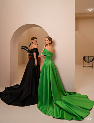 Off-Shoulder Green Satin Gown - Miss Mirelle