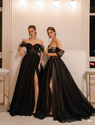 Off Shoulder Black Corset Ball Gown with Slit - Miss Mirelle