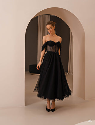 Midi Cocktail Dress with Draped Off Shoulder Sleeve - Miss Mirelle