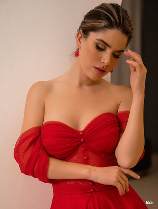 Midi Cocktail Dress with Draped Off Shoulder Sleeve - Miss Mirelle