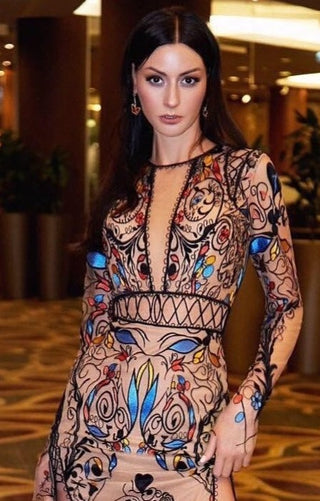 Boho Embellished Nude Effect Gown with Sleeves - Miss Mirelle