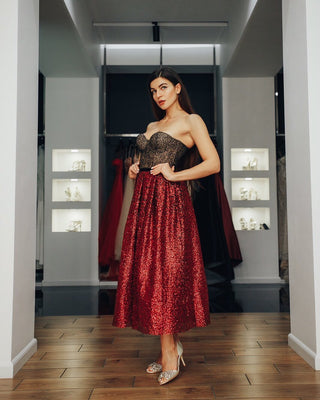 Cherry Noir Corset Midi Dress for Cocktail Party - Miss Mirelle