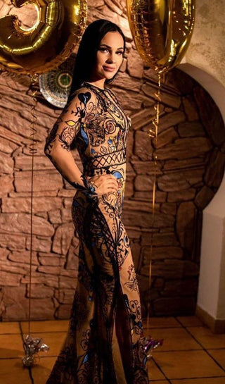 Boho Embellished Nude Effect Gown with Sleeves - Miss Mirelle