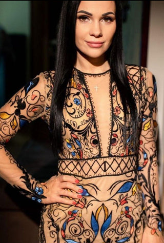 Boho Embellished Nude Effect Gown with Sleeves - Miss Mirelle