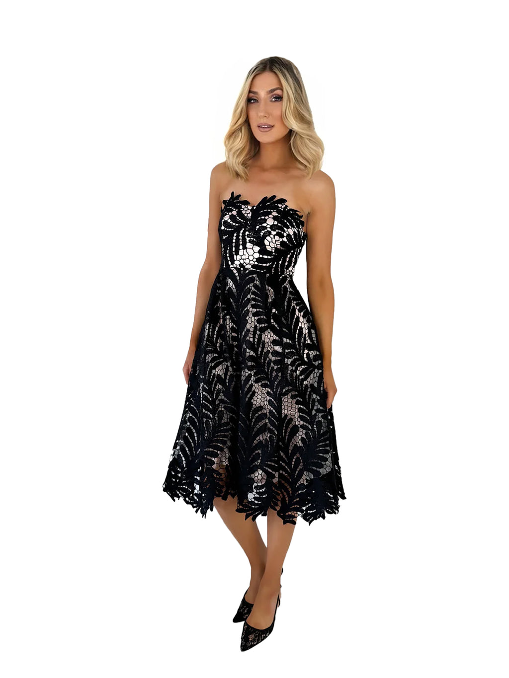 Semi-Formal Black Lace Midi Dress for Parties at Miss Mirelle Dress Canada