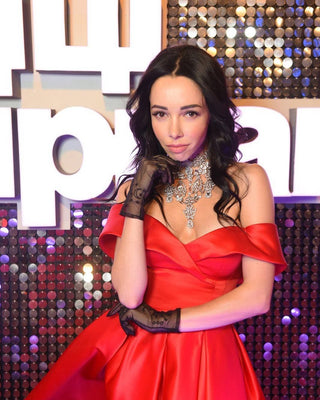 Off-Shoulder Red Evening Gown with Pockets - Miss Mirelle