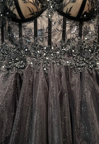 Sparkly Formal Ball Gown Evening Dress with Shoulder Bows