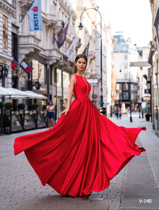 Red Satin Formal Gown with Pockets - Miss Mirelle