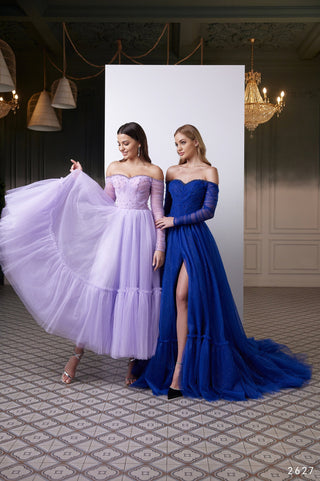Off-Shoulder Lilac Tulle Dress with Sparkly Accents - Miss Mirelle