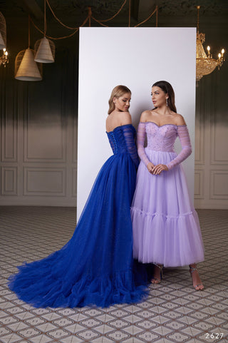 Off-Shoulder Lilac Tulle Dress with Sparkly Accents - Miss Mirelle