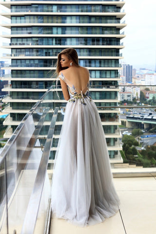 IRIS * Light Blue Ball Gown with Floral and Butterfly Design - Miss Mirelle