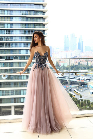 Sensual Gala Dress Bustier Red Carpet Gown in Dark Purple / Blush - Miss Mirelle