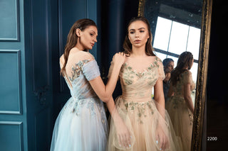 Off Shoulder Tulle Gown with Leaf Motifs - Miss Mirelle