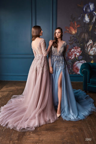 Sensual Embellished Long Sleeved Purple Dress with Train - Miss Mirelle