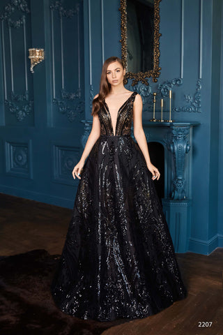 Black Sparkly Dress with Plunging Neckline Cleavage - Miss Mirelle