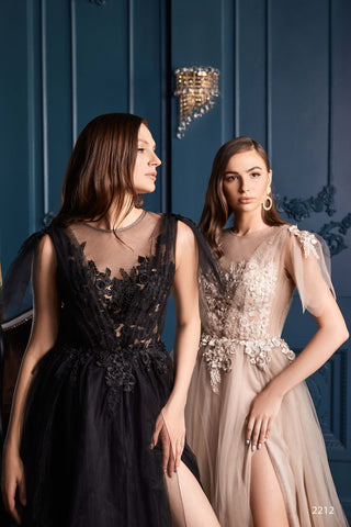 Beaded Lace A-line Evening Gown in Black - Miss Mirelle