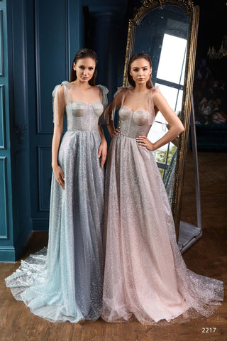Luna * Lace up Back Prom Dress in Silver Blue or Powder - Miss Mirelle