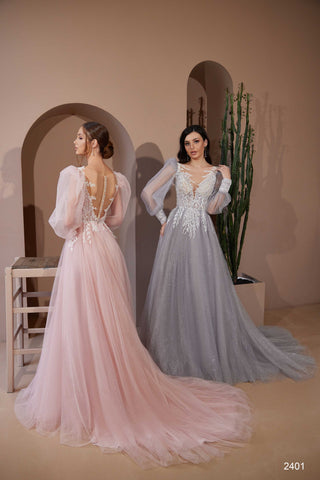 Long Sleeved Tulle Gown for Formal Occasions in Pink or Gray