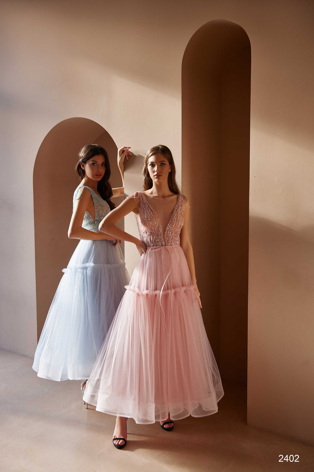 Beaded V-Neck Tulle Midi Dress with Ruffles Ivory / 6