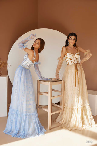 Corset Bodice Dotted Tulle Maxi Dress with Gloves - Miss Mirelle