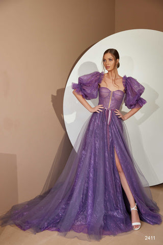 Purple Corset Prom Dress with Detachable Sleeves