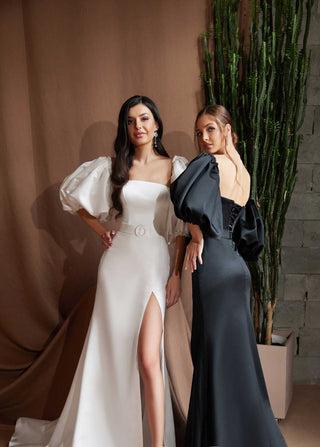 Puffed Sleeve Formal Satin Dress with High Slit - Miss Mirelle