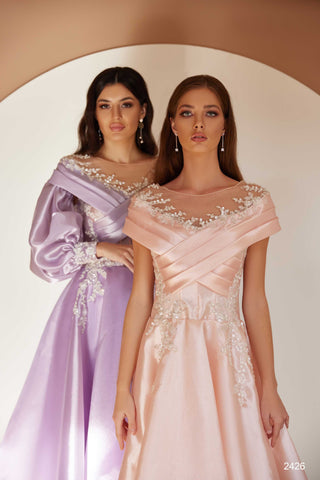 Off Shoulder Pleated Satin Formal Dress with Removable Sleeves - Miss Mirelle