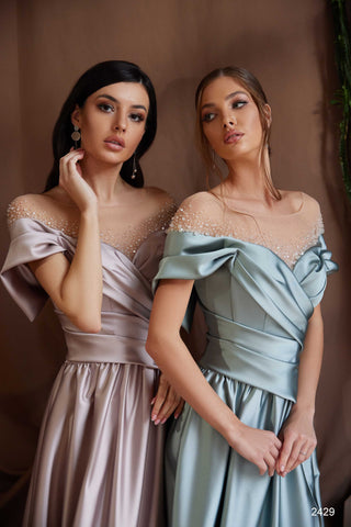 Mint Satin Off-shoulder High Slit Formal Dress