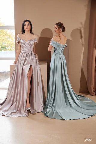 Bridesmaid Satin Off-shoulder High Slit Formal Dress
