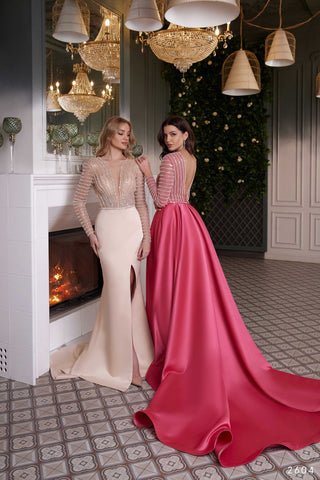 Deluxe Sequin Stripe Embellished Satin Gown with Sleeves - Miss Mirelle