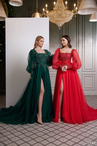 Romantic Square Neck Long Sleeve Bridesmaid Dress with a Slit - Miss Mirelle