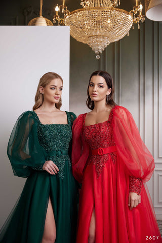 Romantic Square Neck Long Sleeve Bridesmaid Dress with a Slit - Miss Mirelle