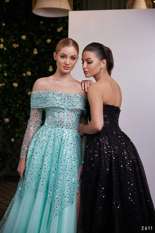 Strapless Gown with Tulle Overskirt Embellished with Sequins - Miss Mirelle