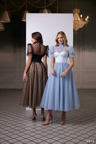 Puff Sleeve Polka Dot Midi Cocktail Dress - Miss Mirelle