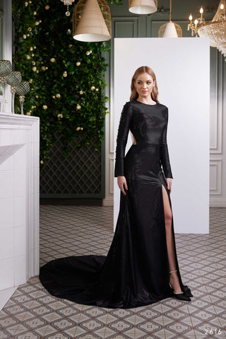 Black Formal Dress with Illusion Open Back and Buttons - Miss Mirelle